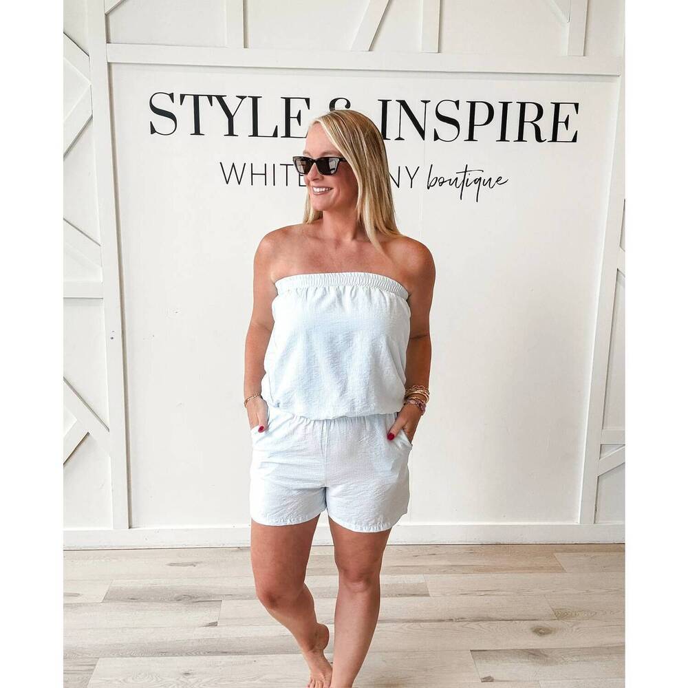 NEW WASABI + MINT maria pinstripe shorts in lt blue